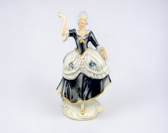 Royal Dux Porcelain Figure Rococo Lady Dancing, Hand Painted