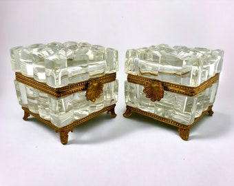 Large Antique French Crystal Empire Box with Marked Gilded Brass Frame Resting on Ornate Feet, PAIR