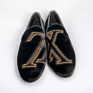 Louis Vuitton Black Velvet Logo Embroidered Slip On Loafers Size 42.5