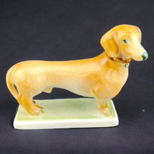 Vintage Hand Painted Zsolnay Hungary Dachshund Dog On Green Stand with Green Stamp