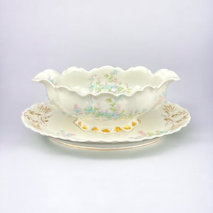 Theodore Haviland Schleiger 29 - GRAVY BOAT w/Attached Under plate Pink and Blue Floral Design Gold Accents
