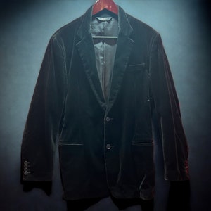 Vintage Men&#39;s Black Velvet Velour Jacket Blazer Coat, DKNY, Size Medium / 56R, 58R