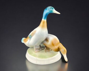 Vintage Hand Painted Porcelain Pair of Mallard Ducks by Zsolnay Hungary
