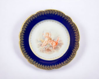 Antique Limoges Delinieres & Cie - Hand Painted Cobalt Blue and Gold Trim Plate, Cherubs / Angels with Bow and Arrow