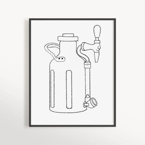 May include: Black and white line art print of a beer growler with a tap. The growler has a handle and two vertical lines on the front. The tap is attached to the side of the growler.