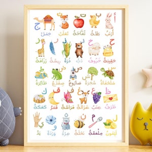 May include: A colorful educational poster featuring the Arabic alphabet with illustrations of animals, objects, and foods. Each letter is paired with a corresponding image and Arabic word.