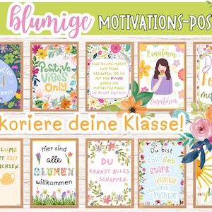 Op de afbeelding: Tien kleurrijke motiverende posters met bloemmotieven en inspirerende citaten. De posters bevatten zinnen als "We horen allemaal bij elkaar", "Positieve vibes only", "Je kunt alles bereiken" en "Je bent geliefd, sterk en belangrijk".