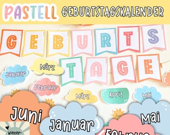 Geburtstags-Kalender für Klassenzimmer I Pastell I Klassenraum Deko Deutsch I farbenfroh