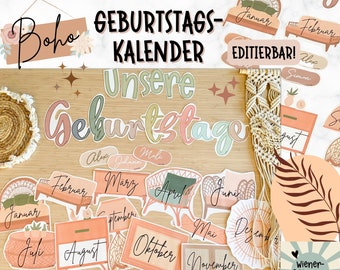 BOHO Geburtstagskalender für Klassenzimmer I Boho Klassenraum Deko Deutsch Bundle I farbenfroh I Boho-Möbel mit editierbaren Namensschilder