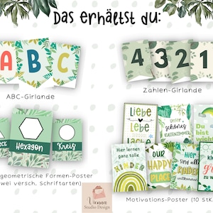 May include: A set of 10 printable classroom posters featuring motivational phrases and colorful illustrations. The posters include phrases like "Our Happy Place", "Here Learn Ganz Tolle Kinder", "Du Bist Wichtig!" and "Famo Klein An Um Gross Zu Werden".