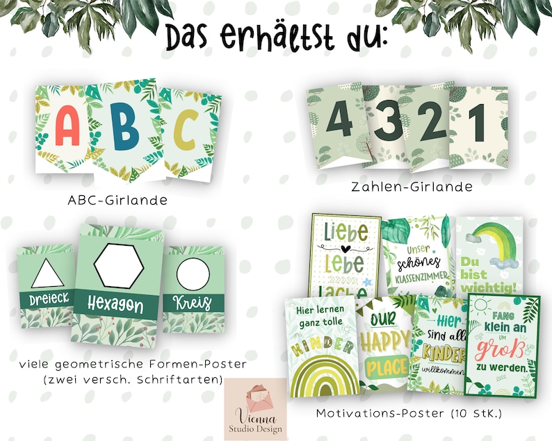 May include: A set of 10 printable classroom posters featuring motivational phrases and colorful illustrations. The posters include phrases like "Our Happy Place", "Here Learn Ganz Tolle Kinder", "Du Bist Wichtig!" and "Famo Klein An Um Gross Zu Werden".
