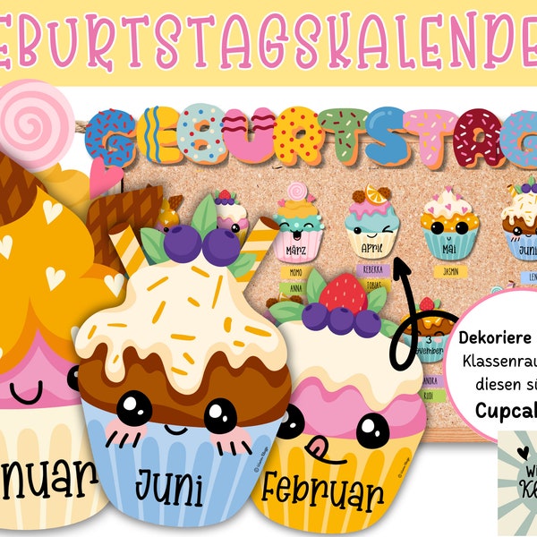 Geburtstags-Kalender für Klassenzimmer I farbenfroh I Klassenraum Deko Deutsch I niedliche Cupcakes I Kawaii Cupcakes Gesichter