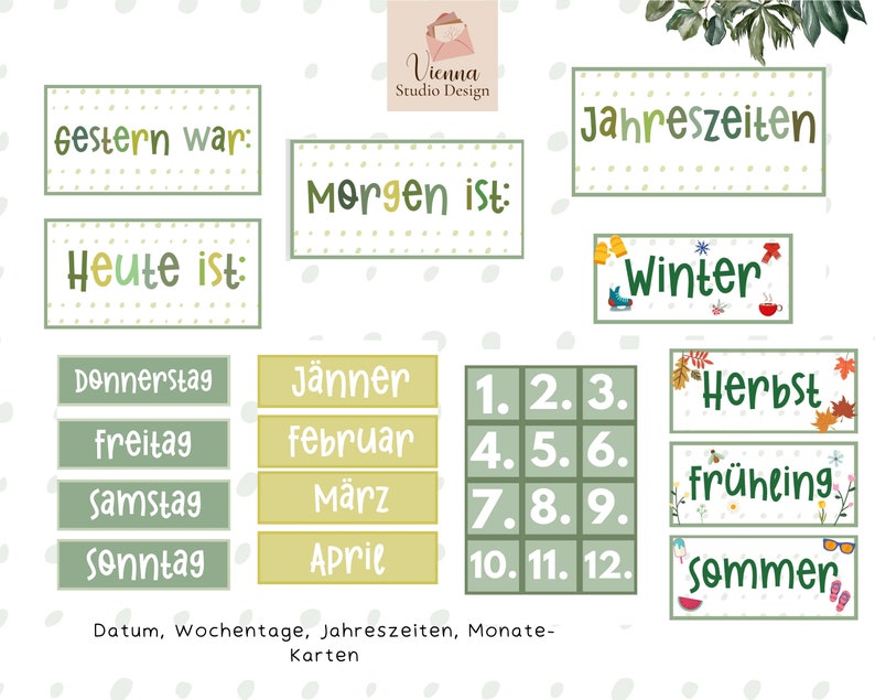 May include: A set of green and yellow cards with German words for days of the week, months of the year, and seasons. The cards are decorated with illustrations of flowers, leaves, and snowflakes.