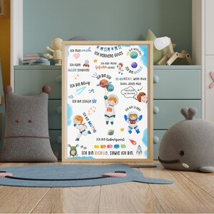 May include: A white poster with a blue and white space theme. The poster features an astronaut holding a planet and a speech bubble that says "I deserve good things". There are other speech bubbles with positive affirmations in German.