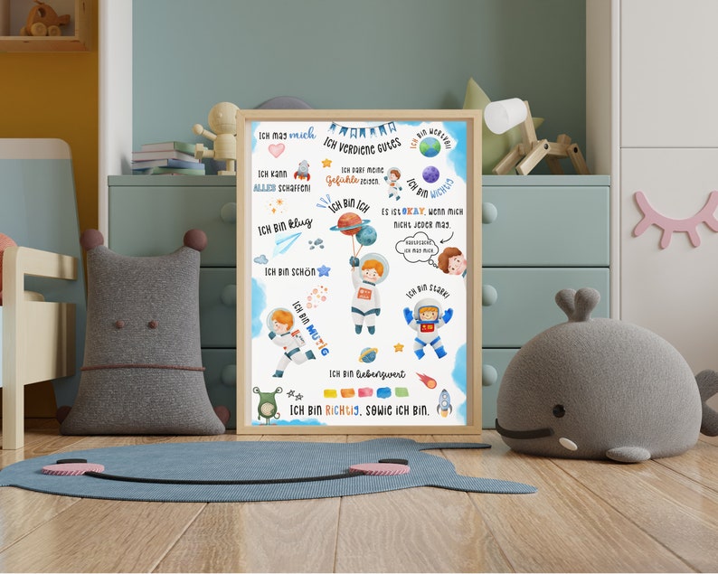 May include: A white poster with a blue and white space theme. The poster features an astronaut holding a planet and a speech bubble that says "I deserve good things". There are other speech bubbles with positive affirmations in German.