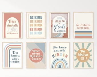 Boho Grundschule Klassenraum Deko auf Deutsch (8er Set) mit Affirmationen für Kinder I Mutmacherposter für Klassenzimmer