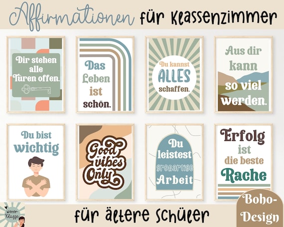 Boho Klassenraum Deko auf Deutsch (8er Set) mit Affirmationen für Kinder und Jugendliche I Mutmacherposter I Selbstliebe Poster Wandbilder