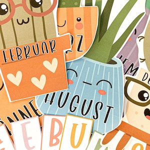 May include: A set of colourful monthly calendar cards featuring cute cactus illustrations with different facial expressions. Each card has the month's name written in a playful font. The months included are February, August, December, January, and June.