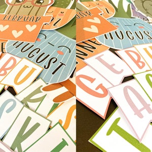 May include: A set of colourful felt banners with the months of the year spelled out. The banners are decorated with cute cactus illustrations and hearts.