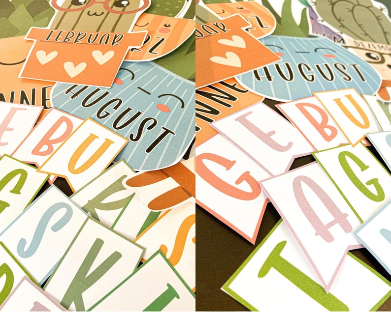 May include: A set of colourful felt banners with the months of the year spelled out. The banners are decorated with cute cactus illustrations and hearts.