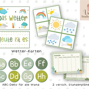 May include: A set of green and white weather cards with illustrations of different weather conditions, including sun, rain, snow, and wind. The cards are labeled "Das Wetter" and "Heute ist es:" and are accompanied by a set of alphabet letter cards and two blank green and white schedule templates.