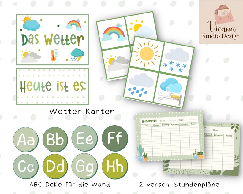 May include: A set of green and white weather cards with illustrations of different weather conditions, including sun, rain, snow, and wind. The cards are labeled "Das Wetter" and "Heute ist es:" and are accompanied by a set of alphabet letter cards and two blank green and white schedule templates.