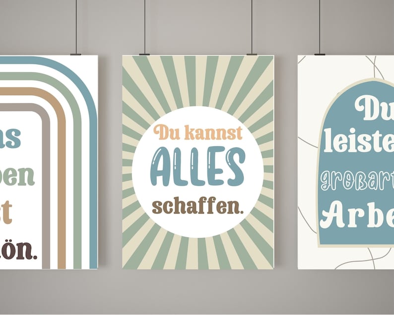 Puede incluir: Tres carteles motivacionales con un dise&ntilde;o retro. El primer cartel tiene un dise&ntilde;o de arco&iacute;ris con el texto "Puedes hacer todo lo que te propongas." El segundo cartel tiene un dise&ntilde;o de rayos de sol con el texto "Puedes hacer todo." El tercer cartel tiene un dise&ntilde;o de arco azul con el texto "Puedes lograr grandes cosas."