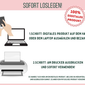 May include: An infographic with German text and illustrations. It features a smartphone, laptop, and printer, with instructions on how to use a digital product: select and pay, then print and use. The text states it's a digital product.