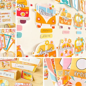 May include: A set of colourful classroom decorations featuring a retro 1970s theme. The decorations include a welcome sign, a calendar, name tags, and a set of colourful shapes. The decorations are perfect for a classroom with a fun and funky vibe.