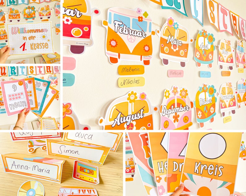 May include: A set of colourful classroom decorations featuring a retro 1970s theme. The decorations include a welcome sign, a calendar, name tags, and a set of colourful shapes. The decorations are perfect for a classroom with a fun and funky vibe.