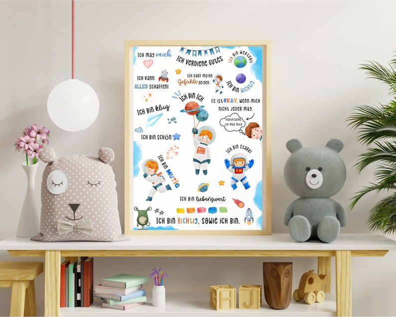 May include: A colorful poster with an astronaut theme. It features a boy in a blue and white spacesuit holding a planet. The poster has German text that says "Ich bin ich" (I am me) and other positive affirmations.