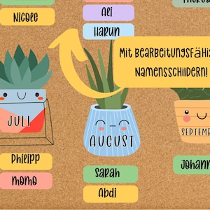 May include: A corkboard with colourful name tags and three potted plants. The plants are labelled "July", "August", and "September". The text "Mit Bearbeitungsf&auml;higen Namensschildern!" is written on a yellow speech bubble.