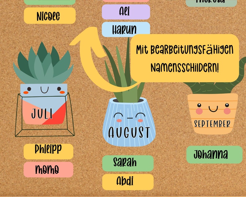 May include: A corkboard with colourful name tags and three potted plants. The plants are labelled "July", "August", and "September". The text "Mit Bearbeitungsf&auml;higen Namensschildern!" is written on a yellow speech bubble.