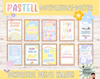 Pastell Wandbilder mit Affirmationen / Grundschule Klassenraum Deko (10er) mit Affirmationen für Kinder I Mutmacherposter für Klassenzimmer