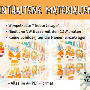 May include: A set of colourful printable classroom decorations featuring VW bus illustrations with the months of the year, a banner with the text "Geburtstage", and small name tags. The text "Alles im A4 PDF-Format" is also included.