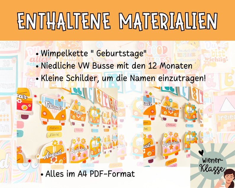 May include: A set of colourful printable classroom decorations featuring VW bus illustrations with the months of the year, a banner with the text "Geburtstage", and small name tags. The text "Alles im A4 PDF-Format" is also included.