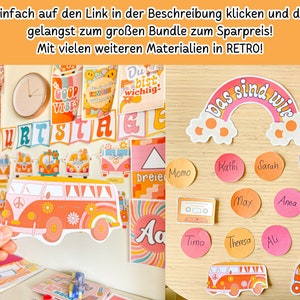 May include: A collection of colourful retro-themed classroom decorations, including a rainbow banner that says "Das sind wir", a VW bus, and name tags.