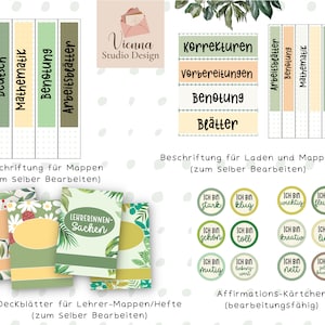 May include: A set of printable classroom labels and affirmation cards. The labels are green, yellow, and orange with black text. The labels include the words "Deutsch", "Mathematik", "Benotung", "Arbeitsbl&auml;tter", "Korrekturen", "Vorbereitungen", "Benotung", "Be&auml;tter", "Arbeitsbl&auml;tter", "Benotung", and "Mathematik". The affirmation cards are round and feature green, yellow, and orange backgrounds with black text. The text on the cards includes phrases like "Ich bin stark", "Ich bin klug", "Ich bin wichtig", "Ich bin flei&szlig;ig", "Ich bin schon", "Ich bin toll", "Ich bin kreativ", "Ich bin lieb", "Ich bin mutig", "Ich bin  wert", "Ich bin nett", and "Ich bin selbstbewusst".