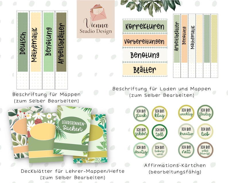 May include: A set of printable classroom labels and affirmation cards. The labels are green, yellow, and orange with black text. The labels include the words "Deutsch", "Mathematik", "Benotung", "Arbeitsbl&auml;tter", "Korrekturen", "Vorbereitungen", "Benotung", "Be&auml;tter", "Arbeitsbl&auml;tter", "Benotung", and "Mathematik". The affirmation cards are round and feature green, yellow, and orange backgrounds with black text. The text on the cards includes phrases like "Ich bin stark", "Ich bin klug", "Ich bin wichtig", "Ich bin flei&szlig;ig", "Ich bin schon", "Ich bin toll", "Ich bin kreativ", "Ich bin lieb", "Ich bin mutig", "Ich bin  wert", "Ich bin nett", and "Ich bin selbstbewusst".