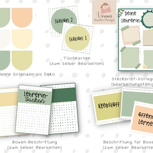 May include: A set of printable classroom decor featuring green, yellow, and peach colored circles, squares, and rectangles. The text on the printable includes "Station 1", "Station 2", "Tischkarten (zum Selber Bearbeiten)", "Lehrerin-Sachen", "Steckbrief-Vorlage (bearbeitungsf&auml;hig)", "Klebstoff", "offenes Lernen", "Boxen-Beschriftung (zum Selber Bearbeiten)", and "Beschriftung f&uuml;r Boxen (zum Selber Bearbeiten)".