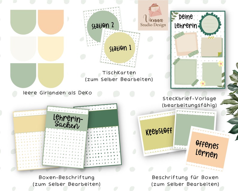 May include: A set of printable classroom decor featuring green, yellow, and peach colored circles, squares, and rectangles. The text on the printable includes "Station 1", "Station 2", "Tischkarten (zum Selber Bearbeiten)", "Lehrerin-Sachen", "Steckbrief-Vorlage (bearbeitungsf&auml;hig)", "Klebstoff", "offenes Lernen", "Boxen-Beschriftung (zum Selber Bearbeiten)", and "Beschriftung f&uuml;r Boxen (zum Selber Bearbeiten)".