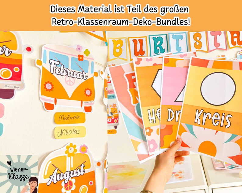 May include: A set of colourful classroom decorations featuring a retro-style bus with the months of February and August, a banner with the word "BURTSTA", and cards with geometric shapes and the words "HE", "Dr", and "Kreis".