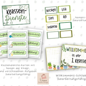 May include: Green and white classroom signs with the text "Klassen-Dienste" and "WILLKOMMEN in der 1. Klasse".  The signs are decorated with green leaves and white polka dots.  There are also smaller cards with different classroom jobs, such as "Pflanzengie&szlig;er" and "Tafelwischer".