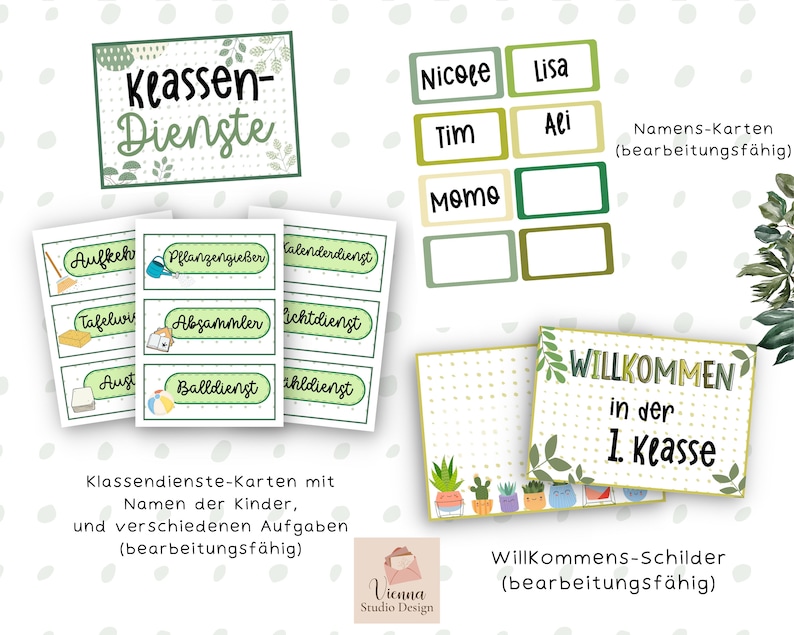 May include: Green and white classroom signs with the text "Klassen-Dienste" and "WILLKOMMEN in der 1. Klasse".  The signs are decorated with green leaves and white polka dots.  There are also smaller cards with different classroom jobs, such as "Pflanzengie&szlig;er" and "Tafelwischer".