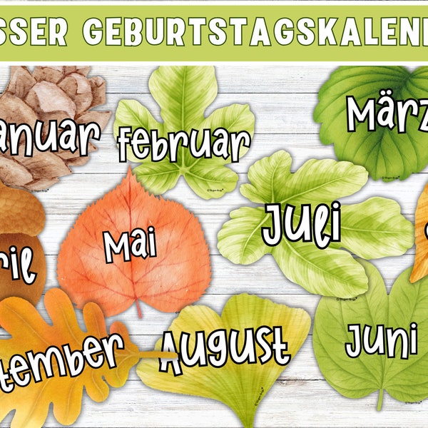 Geburtstags-Kalender für Klassenzimmer I farbenfroh I Klassenraum Deko Deutsch I Naturthema I Waldtiere I Pflanzen und Blätter