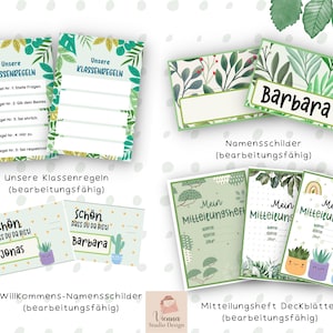 May include: Printable classroom decor featuring green foliage and plant illustrations. Includes editable classroom rules, name tags, and welcome signs with the text "Sch&ouml;n dass du da bist!" (German for "It's great that you're here!"). Also includes editable communication book covers with the text "Mein Mitteilungsheft" (German for "My Communication Book").
