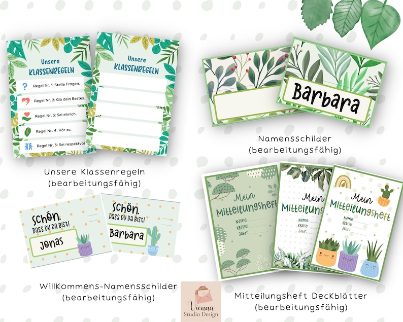 May include: Printable classroom decor featuring green foliage and plant illustrations. Includes editable classroom rules, name tags, and welcome signs with the text "Sch&ouml;n dass du da bist!" (German for "It's great that you're here!"). Also includes editable communication book covers with the text "Mein Mitteilungsheft" (German for "My Communication Book").