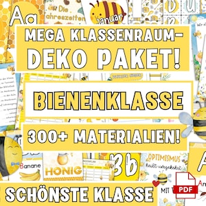 May include: A yellow and black classroom decor set with a bee theme. The set includes a variety of items, such as posters, banners, and labels. The text on the image reads "Mega Klassenraum- Deko Paket!" and "Bienenklasse 300+ Materialien!"  The set is perfect for decorating a classroom with a bee theme.