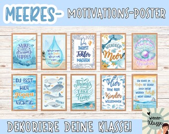 Unterwasserwelt Wandposter Klassenraum Deko auf Deutsch (10er)mit Affirmationen für Kinder Blaue Motivationsposter für die Klasse dekorieren