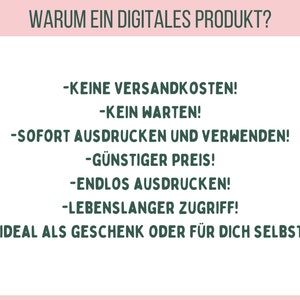 May include: A white background with green text in German. The text reads "WARUM EIN DIGITALES PRODUKT?" followed by bullet points detailing the advantages of digital products, such as instant access.